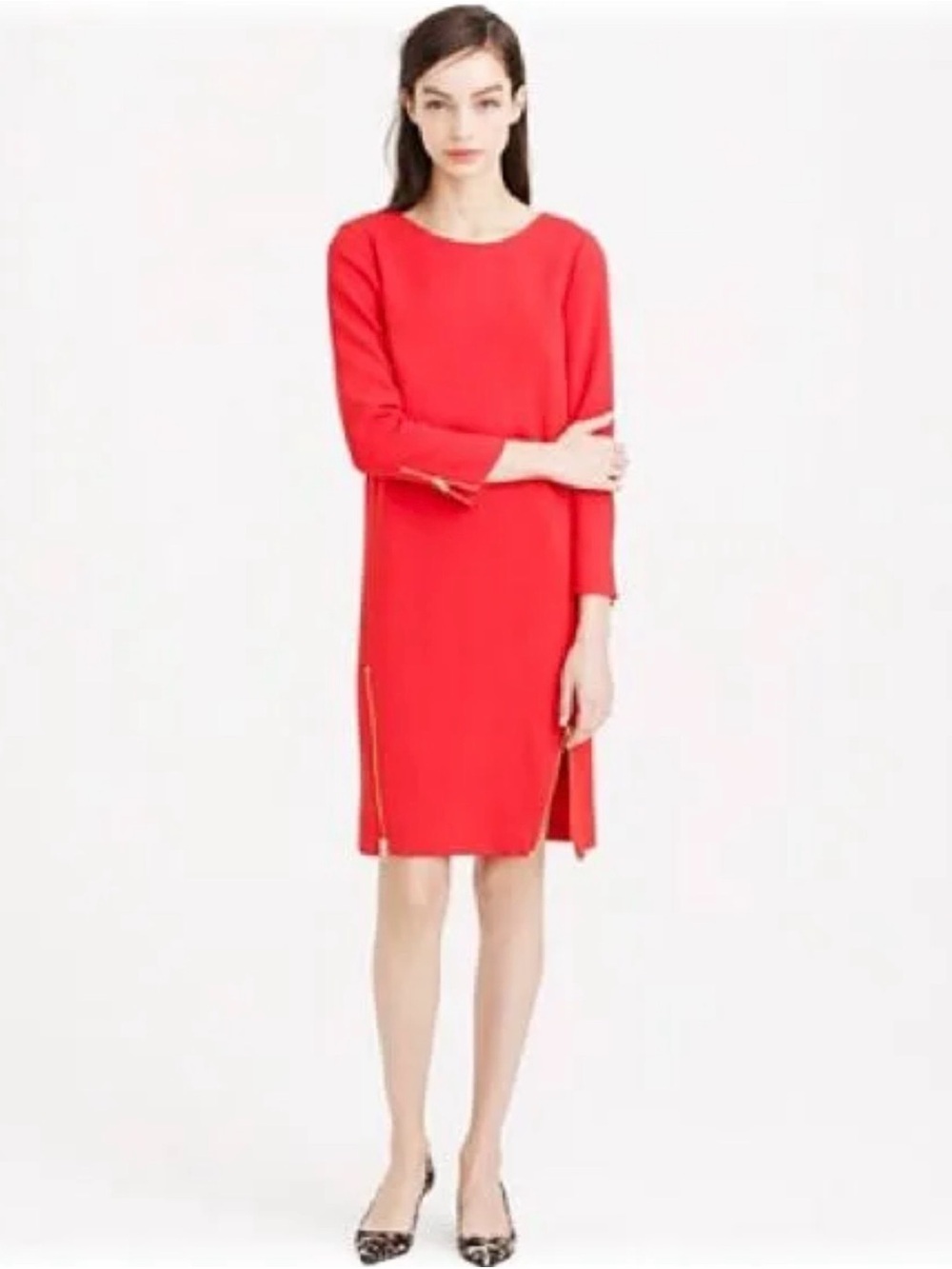 J CREW Double Zip Shift Dress Red Gold Zipper 3/4 Sleeve Sheath 6 $138